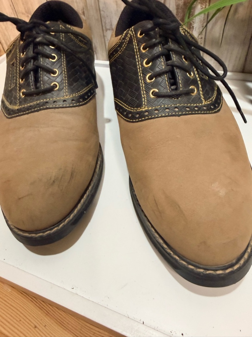 DUNLOP GOLF SHOES Tan/Black Nubuck Saddle Lace Up M5600C Leather sz 10 - Picture 2 of 8